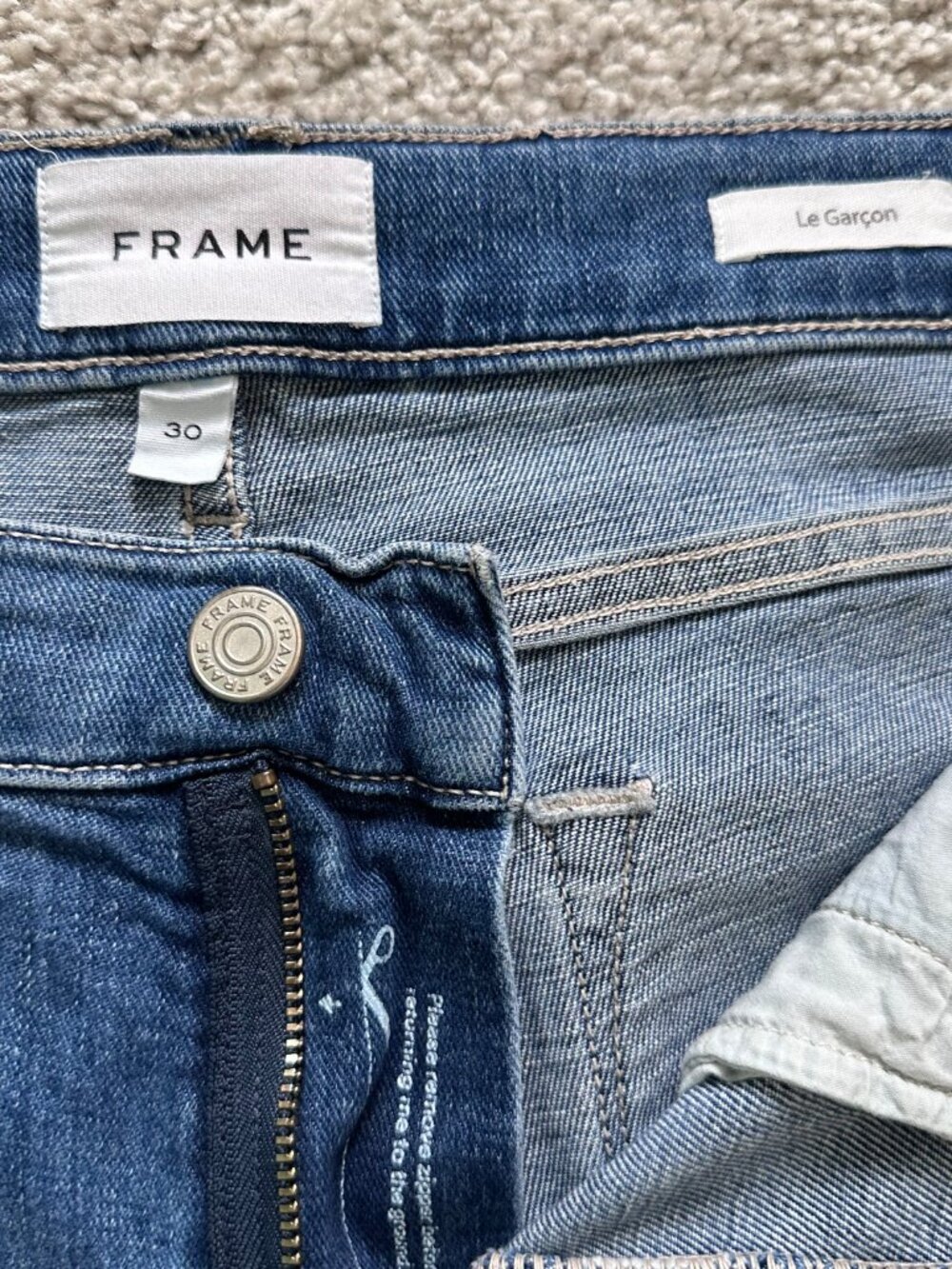 FRAME Le Garcon Slim Boyfriend Jeans Blue Gratitude Raw Hem LGJRA785 Sz 30 - Picture 6 of 13